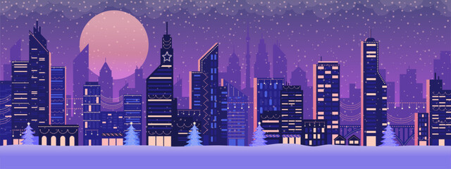 Futuristic vaporwave Christmas background with city skyline