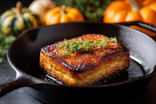 Crispy isellai scrapple pan frying in a cast iron skillet, surrounded by vibrant autumn pumpkins and fresh herbs, showcasing a delicious culinary scene