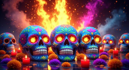 Colorful sugar skulls with glowing eyes against cosmic fire and smoke background for Day of the Dead mystical supernatural Mexican tradition concept