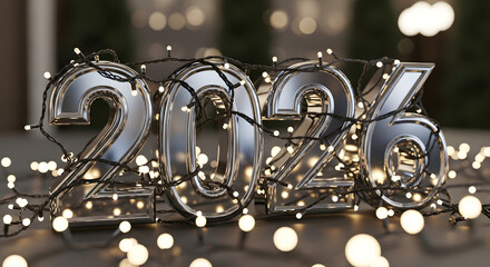 Shiny metallic 2026 numerals illuminated with fairy lights festive decoration for New Year celebrations and holiday promotions