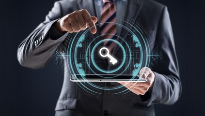 Business man holding key icon holographic