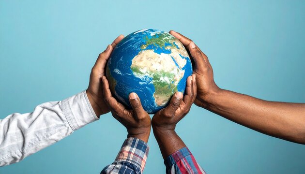 Diverse hands lifting the globe against a light blue background, symbolizing unity, cooperation, and global responsibility.