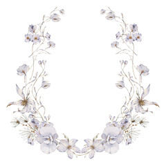 Hand Drawn Watercolor Lavender and Pale Blue Floral Wreath, Elegant Botanical Frame for Rustic Wedding Invitations, Save The Date Cards and Delicate Stationery