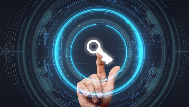 Business man holding key icon holographic