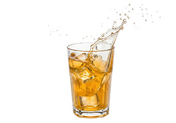 Isolated drink in glass with ice, splashing, refreshment, cold beverage against plain backdrop
