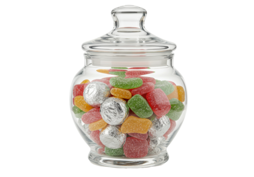 Isolated glass jar filled with hard candies and foiled chocolate balls, sweet treat