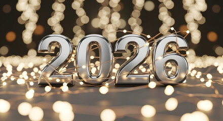 Silver 2026 numbers with bokeh lights a festive design element for New Year celebrations perfect for backgrounds and banners
