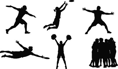 Silhouettes of diverse ultimate frisbee players in dynamic poses, including diving catch, jumping, throwing, and team huddle for sports and action