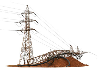 Isolated Electrical Transmission Tower System after Collapse. Utility Pole on Ground