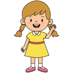  A little girl with pigtails in a summer dress and shoes.