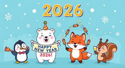 Cute cartoon animals celebrating Happy New Year 2026 including a bear fox penguin and squirrel vector illustration on a light blue background