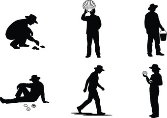 Silhouettes of diverse men collecting seashells at the beach, in various poses including squatting, walking, and standing, isolated on a white background