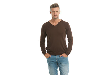 Man in sweater isolated on white. Handsome mature man with grey hair. Stylish male. Men casual...