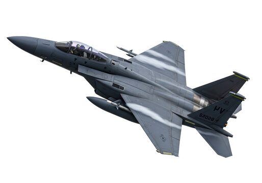 Isolated fighter jet in flight on patrol, high altitude, strategic air command aerial view