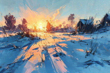 Winter village scene at dusk