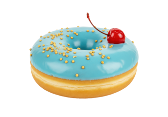 Isolated frosted donut with blue icing, golden sprinkles, and maraschino cherry on top