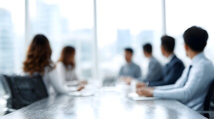 Obraz premium Blurred view of a business meeting with professionals around a conference table in a bright modern office setting