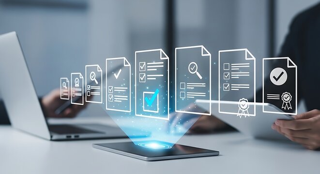 Person reviewing digital documents and certificates on a tablet with a laptop in the background