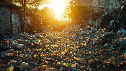 A street filled with plastic waste in a poor neighborhood at sunset. - Powered by Adobe