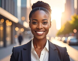 Smiling woman in business suit outdoors