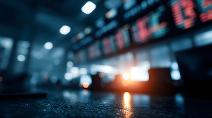 Blurred view of a futuristic market trading floor with glowing digital screens displaying financial data
