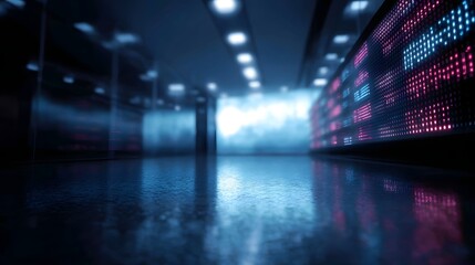 Modern digital interface display in a futuristic room with glowing lights and reflections