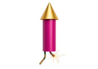 Isolated purple firework rocket with gold cone fuse sparks festive celebratory background