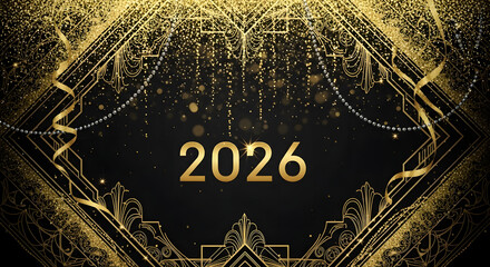 Elegant 2026 new year design with golden art deco frame and sparkling details perfect for invitations and festive backgrounds