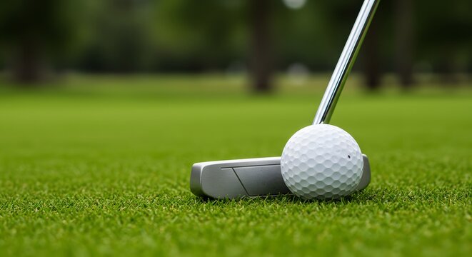 Close-up of Golf Ball and Putter on Pristine Green Grass Ready for the Final Putt for Precision and Score.