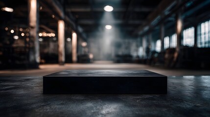 A dark rectangular platform is spotlighted in the center of a spacious atmospheric industrial warehouse with moody lighting
