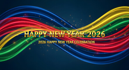 Happy New Year 2026 celebration background featuring colorful wavy lines and golden text perfect for holiday greetings and event promotions