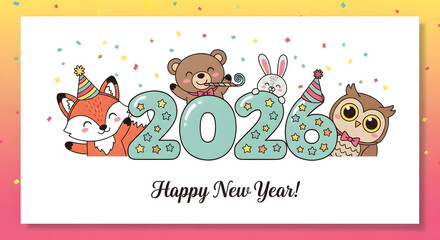 Cute cartoon animals celebrating the New Year 2026 festive vector illustration for greeting cards and holiday designs isolated on white