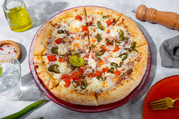Mexican pizza with meat and jalapeno