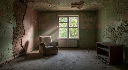Abandoned room interior with armchair near window and aged walls