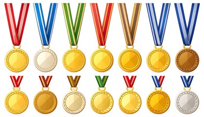 A collection of golden, silver, and bronze medals. They have colorful striped ribbons, showcasing different achievements
