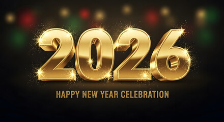 Golden 2026 new year design shiny metallic numbers with bokeh lights for festive celebrations and holiday greetings