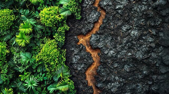 Aerial view of a lush green forest bordering a burnt and destroyed area.