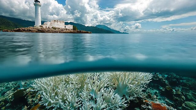 Static shot: Bleached corals beneath a split view of a lighthouse on a tropical island.