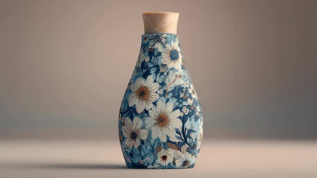 Close medium shot of a fabric softener designed for natural textiles emphasizing the texture and design of the bottle against a softly faded background to draw attention.