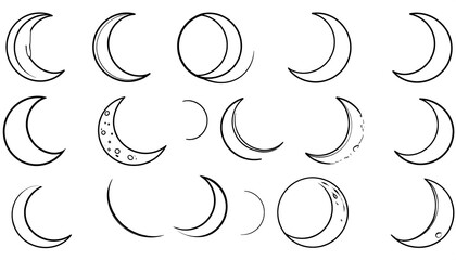 A collection of hand-drawn crescent moons in varying shapes and levels of fullness, arranged in a grid pattern against a blank white background