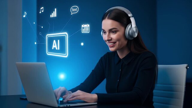 A young woman sitting at a desk, wearing headphones, and working on a laptop. The overall atmosphere is modern and futuristic, highlighting the integration of AI in digital tasks, productivity, and mu