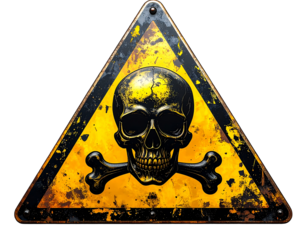 Distressed yellow triangle danger sign with skull and crossbones