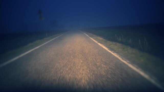 a point of view of a car driving at night on a rainy and foggy country road