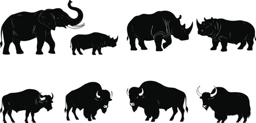 Set of diverse wild animal silhouettes including elephants, rhinos, yaks, and bisons, for a wildlife, nature, and safari concept, in black and white