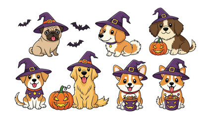 Obraz premium Halloween Puppies: A charming illustration of adorable puppies dressed up in witches' hats, embodying the spirit of Halloween. A delightful scene with pumpkins and bats!