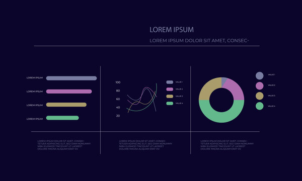 Modern infographic with bar chart, line graph and donut chart in minimal style. Colorful statistical dashboard with dark background, visualizing data with four color-coded values. Perfect for business