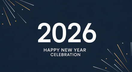 Happy New Year 2026 celebration elegant white text on dark blue background with gold fireworks vector illustration for festive greeting card design