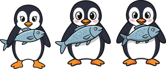 Cute cartoon penguins holding fish in adorable arctic wildlife illustration for winter animal character, ocean nature, and educational vector designCute cartoon penguins holding fish 