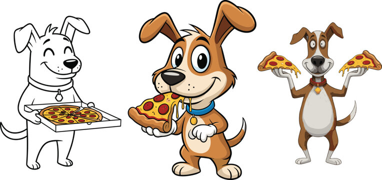 Cute cartoon dogs enjoying delicious pizza slices and delivery boxes, playful vector illustration perfect for fun food and pet designsCute cartoon dogs enjoying delicious pizza 