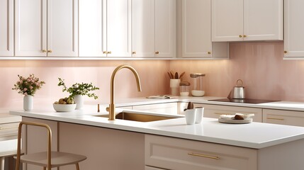 Fototapeta premium Modern Kitchen Design with Pale Pink Accents and Gold Fixtures